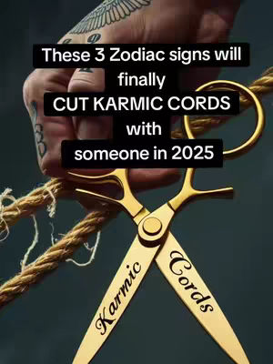 A hand with multiple tattoos holds a rope with a pair of golden scissors cutting it. The scissors have the words "Karmic" and "Cords" written on them.