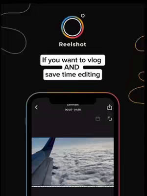 The cover image displays the Reelshot logo at the top, followed by text promoting its real-time editing features. Below, a mockup of an iPhone displays a video of the sky from an airplane window. The background is black with white vector graphic accents.