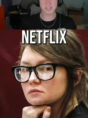 The cover image features a split screen. The top half shows a young man with headphones, facing the camera, and the bottom half displays a close-up of a woman's face wearing glasses. The word "NETFLIX" is superimposed over her face in bold, white letters.