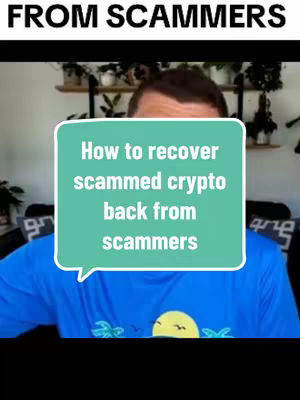 A man's face is partially visible, with a graphic overlayed on him. The text calls out that the video will teach how to recover crypto from scammers.