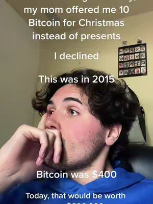 The cover image features a close-up of a young man's face, looking upwards with a hand near his face. Text overlays describe an anecdote about Bitcoin, including a past offer and current valuation.