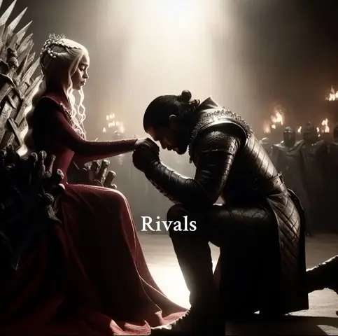 A dramatic image featuring a female figure in a red dress seated on a throne, with a man kneeling before her, head bowed, in a dimly lit interior. They are characters from a fantasy setting likely a historical drama. The image has a dark, cinematic atmosphere with the text overlayed.