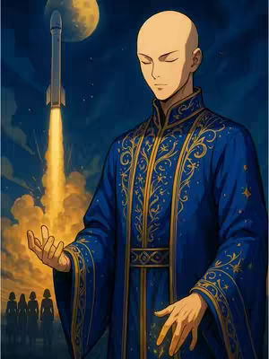 An AI-generated image featuring a bald person in a blue robe with gold accents, hands outstretched as a rocket launches. The background is a night sky with a large moon and silhouetted figures.