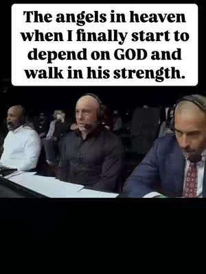 The image shows three men in a dark setting, likely a studio or a backstage area. A text overlay at the top reads, 'The angels in heaven when I finally start to depend on GOD and walk in his strength.' The men are positioned in the lower half of the image. From left to right, one man wears a while shirt, the second man is wearing a black shirt, and he is wearing a headset microphone, and a third man is wearing a suit jacket. The background appears blurred and indistinct.