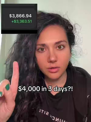 A woman with long dark hair and a concerned expression is pointing her index finger upwards. A small screen displays financial data, while text overlays the screen stating '$4,000 in 3 days?!'.