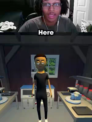 The cover photo uses a split screen layout. The top half features a person of color wearing glasses and a grey t-shirt, with the camera facing forward. Below, a 3D cartoon figure is positioned in an indoor scene with a bar-like setting. The background features industrial elements.
