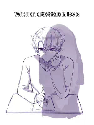 A digital illustration features a young man seated at a desk, wearing a white shirt and dark tie. He's leaning his head on his hand, holding a pen, with shadows cast upon the figure and a simple table appearing in the composition, all within a monochromatic purple palette.