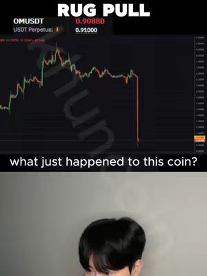 The cover image is split into two sections. The top portion shows a crypto chart display with the text 'RUG PULL' overlayed in the corner. The bottom part displays the face and upper body of a male. The general color scheme is dark, with the crypto chart in green and red.