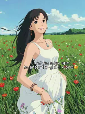 An anime-style illustration of a woman in a white dress and a field of flowers. The anime style is characteristic of Studio Ghibli, with detailed shading. The woman has dark hair, and the background features a blue sky with clouds and green fields speckled with red flowers. Added text overlay reads: "I find Faceplay app to enter the Ghibli world".