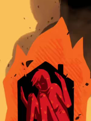 An illustrated image depicts a person inside a house shape engulfed in flames. Surrounding the house is a fiery orange and yellow background suggesting a fire. The central figure appears to be a person with short hair, rendered in the style of a figure inside the house outline, with their hands raised, adding to the image's emotional impact. The overall tone is intense and symbolic.