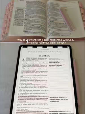 The cover image shows a split perspective, with the top half featuring an open Bible with pink tabs and a pen resting on the pages. The bottom half displays a tablet with scripture, highlighted by highlighting along the text. The image has a clean, well-lit appearance against a white surface, conveying a sense of faith and learning.