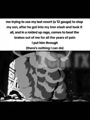 A black and white image featuring a scene from Dragon Ball Z, along with text overlaid at the top. The scene depicts a large burst of energy. The text describes a father's contemplation of using a 12 gauge shotgun against his son after the son's actions. 