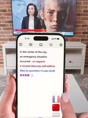 A person holding a phone displaying a voice translation app. The phone is in the foreground, with the screen showing translated text. In the background, a television screen is visible, and it displays a news scene. The person is holding the phone up and using the app to translate text.