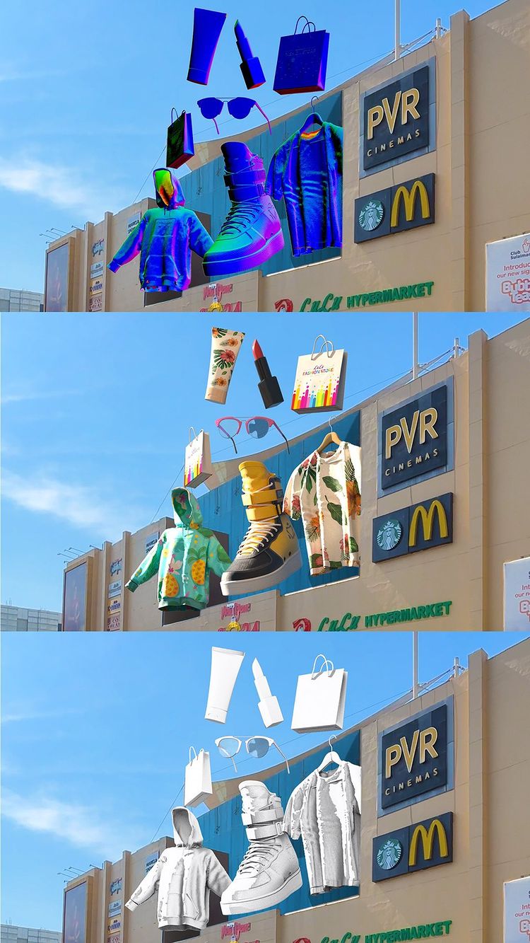 The image is a composite of three stacked sections, each depicting floating clothing, accessories, and footwear in front of a building facade. The building has signage for PVR Cinemas, McDonald's, and Lulu Hypermarket. Blue sky forms the background.