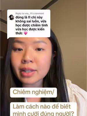 The cover image features a young woman with dark hair, facing the camera and speaking. She is centered in the frame with a neutral background. Two overlaid text boxes are positioned at the bottom, presenting questions in Vietnamese.