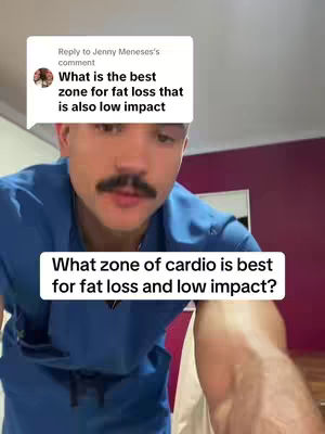 A man wearing a blue shirt is looking slightly down towards the camera. Overlaid on the image are text elements from a comment on a social media post and a question about cardio exercise for fat loss and low impact.