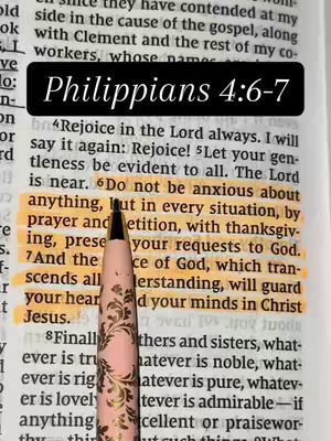 An open Bible is shown with a passage highlighted in yellow. A pink pencil rests near the highlighted text, and a black rectangular textbox with white text overlays the top of the image, displaying the reference Philippians 4:6-7.