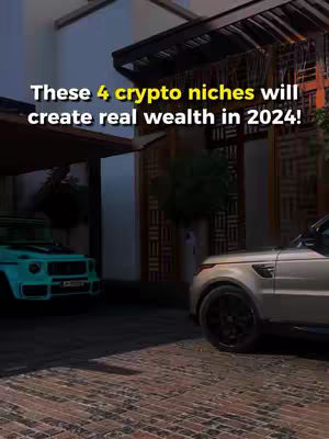 A luxury outdoor setting with two parked cars, a teal SUV on the left and a silver Range Rover on the right. Text overlayed on the image says, 'These 4 crypto niches will create real wealth in 2024!'. The setting includes modern architecture and a patterned stone pathway.