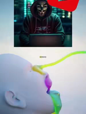 The image shows a digital artwork with a masked figure at the top and a surreal, abstract representation of a face below, with colorful liquid streams flowing from it. The masked figure in the upper portion is in a dark setting, wearing a hoodie and a Guy Fawkes mask, working on a laptop, creating an anonymous digital presence. The lower part features a simplified face, from which emanates multiple streams of colorful liquid in shades of yellow, pink, and blue against a bright backdrop.
