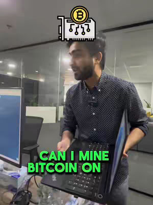 A man in a button-down shirt holds a laptop open, with text overlaid asking 'Can I mine BITCOIN ON'