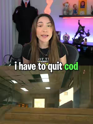 The image features a woman in the upper half, speaking towards the camera in a room, while the lower half shows a Call of Duty game, with a text overlay at the bottom. The woman, with long hair, is in a room with a microphone, a backdrop figure, and collectibles on a shelf. The lower part of the image shows an action scene taking place inside a game level.