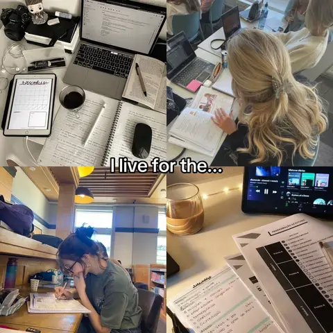 The cover image shows a collage of study setups and routines across four quadrants. The top left shows a desk with a laptop, open notebook, and a glass of red liquid, with a small figure on the top of the corner. The top right features a woman with blonde hair studying at a table with books and a laptop. The bottom left features a woman studying at a desk in a library. The bottom right shows a close-up of notes, a tablet displaying a music app, and a cup of coffee. The text overlay reads "I live for the…". The color scheme is bright and clean.