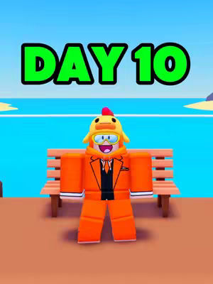 The cover image features a Roblox character standing in front of a bench on a beach-like setting. The character is wearing an orange Roblox outfit over a black suit, and a chicken hat. The text overlay "DAY 10" is displayed in large green font above the character.