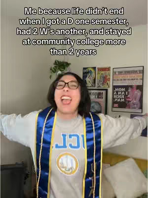 A person with glasses and a graduation sash is shown outdoors with arms outstretched and a happy expression. Text overlays the image.