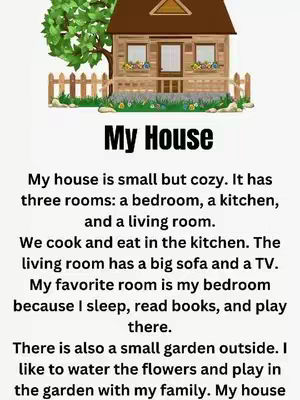 The image features a cartoon illustration of a brown house with a light brown roof and a small triangular attic window amid a green field, in front of a wooden fence. Above the house, a large green tree provides shade, and colorful flowers give off a welcoming vibe. The text overlay says "My House" with a white background. The composition is simple, child-friendly, with a readable font overlaid below the illustration.