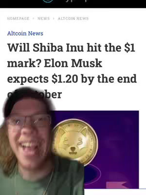The image shows a person with glasses smiling, overlaid on a webpage with text about Shiba Inu and Elon Musk, with a Shiba Inu coin graphic in the background.