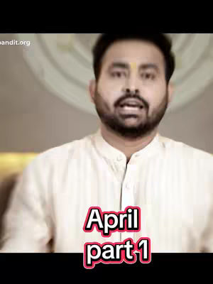 The cover image is a medium shot of a man speaking. The background is plain with a light color, and the man is wearing a light-colored collared shirt with a small gold symbol on his forehead. Overlayed on the bottom of the image is a text graphic that says, “April Part 1” in a pink and red, outlined font.