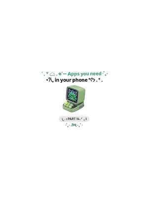 White background with a cartoon style green computer screen in the middle. The screen itself has a pixelated image of a frog. Text in the upper portion says 'Apps you need in your phone' in a stylized font. Below the computer: '...Part 14/...' in a smaller font.