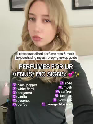 A young woman with blonde hair is looking at the camera. The background is slightly blurred with hints of picture frames and a bed frame. Text overlays include a call to action, a heading related to astrology, and a list of perfumes.