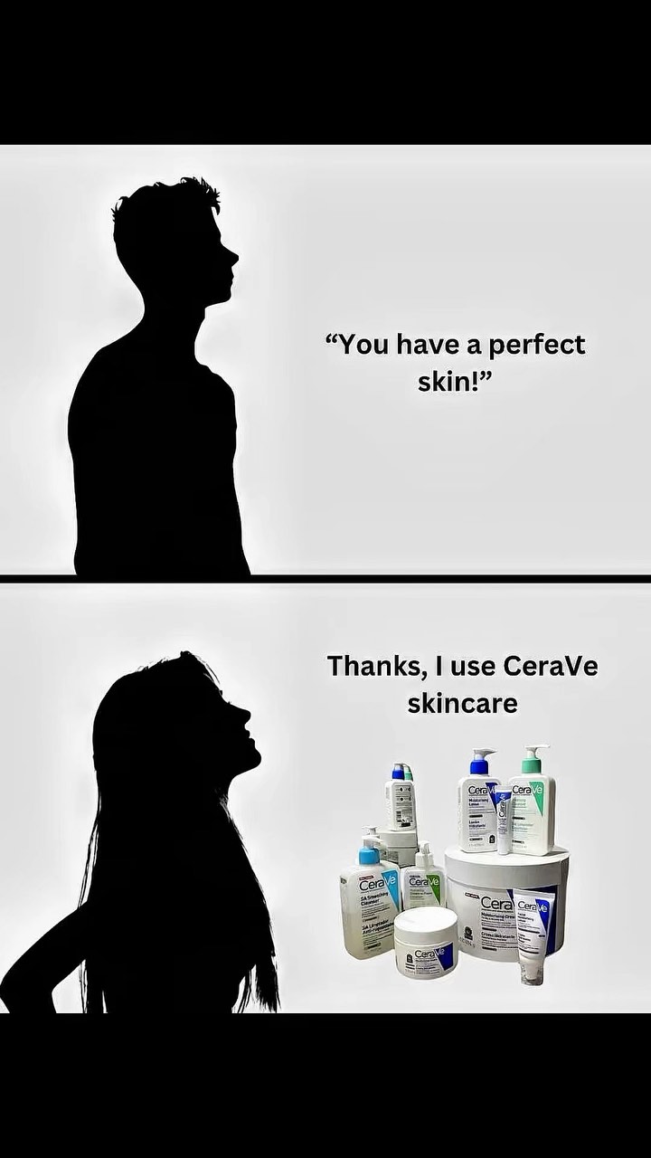 The cover image is split into two sections. The top half features a silhouette of a person, likely male, in profile against a white background. Below this is text in a speech bubble, and below that, a second profile of the person, likely female. The bottom half displays several CeraVe skincare products. The style is minimalistic with silhouettes.