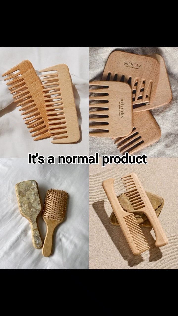 The image is a tiled composition showcasing hairbrushes and combs of various wooden designs. The top left panel features two light-colored wooden combs, while the top right showcases several wooden combs with a lighter, almost unfinished appearance. The bottom left shows two hairbrushes with what appears to be a marble aesthetic. The bottom right depicts a light-colored wooden comb casually placed on what seems to be a sandy surface, creating shadows which adds some 3D effect. The overall aesthetic is clean and product-focused, likely targeting users interested in hair and beauty.