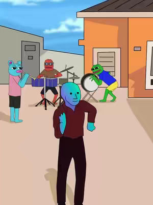 An animated image depicts a street scene with cartoon characters. The main figure, a blue-skinned humanoid with a teal head, is dancing in the foreground. Behind him, a band of cartoon characters plays musical instruments on the sidewalk. To the right, there's a building with an orange exterior and a blue sky.