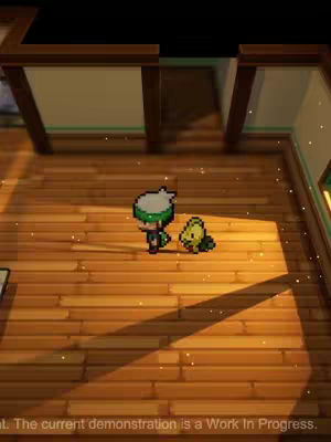 A pixelated scene from an indoor environment, likely representing a game interior. The floor is made of wooden planks, and a character with a green cap and a turtle-like creature are featured in a lit area, with the rest of the scene in low light. The overall composition suggests a digital art style.