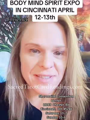 A woman with light complexion and blonde hair is facing the camera, against a blurry background. The text overlays inform about a Body Mind Spirit Expo in Cincinnati.
