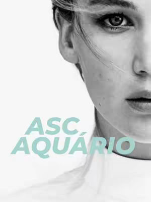 A black and white image featuring the right side of a woman's face. The text \"ASC. AQUÁRIO\" in a light-blue, rounded sans-serif font is overlaid near the bottom left, partially covering the woman's face.