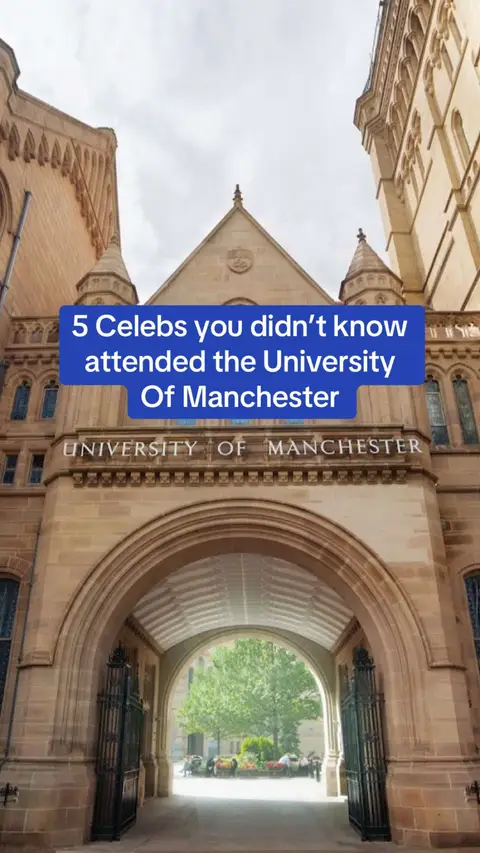 An eye-level shot of a university building with a large archway entrance. The building's facade is made of light brown stone, and the sky is overcast. A blue box with white text overlay reads, "5 Celebs you didn't know attended the University of Manchester."