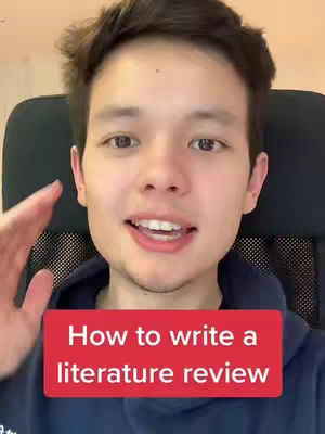 A young man with dark hair and a friendly expression is shown from the chest up. He is smiling and appears to be speaking, with his right arm raised. A red rectangular banner at the bottom says, "How to write a literature review."