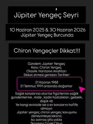 The cover image features a dark background with text overlays in white, gray, and pink. The layout is organized in sections, with headings like 'Jüpiter Yengeç Seyri' and 'Chiron Yengeçler Dikkat!!!'. There are also dates and specific details.