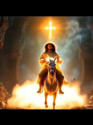 An artistic, digitally-created image depicts a person riding a white horse. The person is wearing a flowing garment and has long hair. Above, a glowing cross emits light. The background suggests a dramatic, possibly divine, setting with a bright, ethereal light.