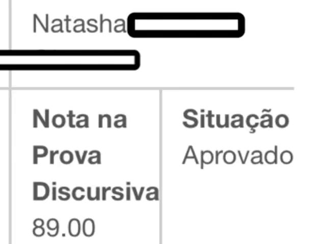 The cover image shows a screenshot of a document or record, likely a grade report or official document. The title "Nota na Prova Discursiva" (Note on the Discursive Test) is prominently displayed, followed by the score "89.00". The text "Situação Aprovado" (Situation Approved) indicates that the individual has passed. The top half has text referring to a person named Natasha. The overall composition is clean, with a simple layout.