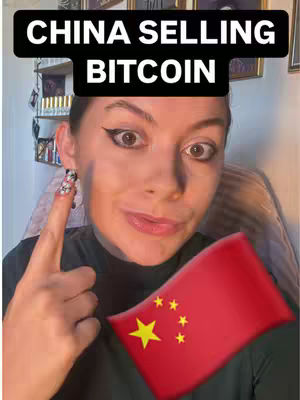 A woman with wide eyes holds a China flag while pointing her finger. Above her is a black bar with white text. The image is well-lit, and she has makeup on.