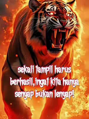 A digitally rendered image of a tiger with an aggressive expression, set against a fiery background. The tiger is the central focus, with orange and red hues dominating the scene. Text overlays are added in a stylized font.