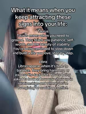 A selfie-style shot featuring a woman facing the camera, with text overlayed detailing the meanings of signs within astrology. She is in a car setting, the interior visible behind her with the text in front adding context.