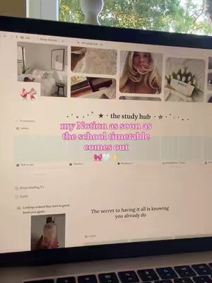 A laptop screen is open, displaying a Notion planner interface. The screen shows a clean, organized layout with several embedded images, including a room, a bed, and a person. Overlaid on the screen is pink text, with a bow graphic, and is a partially occluded view of the keyboard.