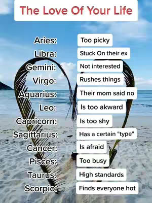 The image is a vertically-oriented graphic with a light blue sky and beach setting in the background. Two curved, dark brown structures, resembling large, stylized palms, are arranged to form the shape of a heart. Inside the heart, a list is presented on both sides, with each side correlating a zodiac sign with a description of the love of their life. At the top of the graphic is a white banner with the text 'The Love Of Your Life'.