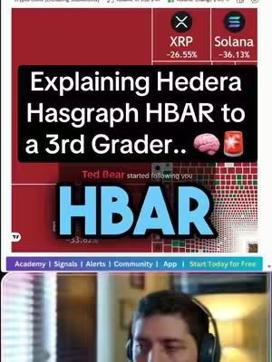 The cover image shows a split-screen layout. The top half displays a cryptocurrency chart and a text overlay. The text says "Explaining Hedera Hasgraph HBAR to a 3rd Grader.." and features a floating brain and a drink emoji. The bottom half shows the creator in a selfie with headphones on